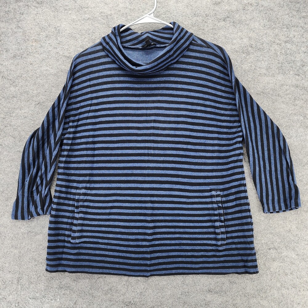 Talbots Shirt Womens Medium Petite 3/4 Sleeve Blue Black Striped